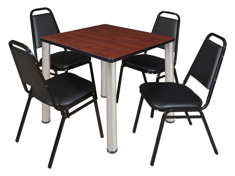 30" Square Breakroom Table- Cherry/ Chrome & 4 Restaurant Stack Chairs- Black by Regency Furniture