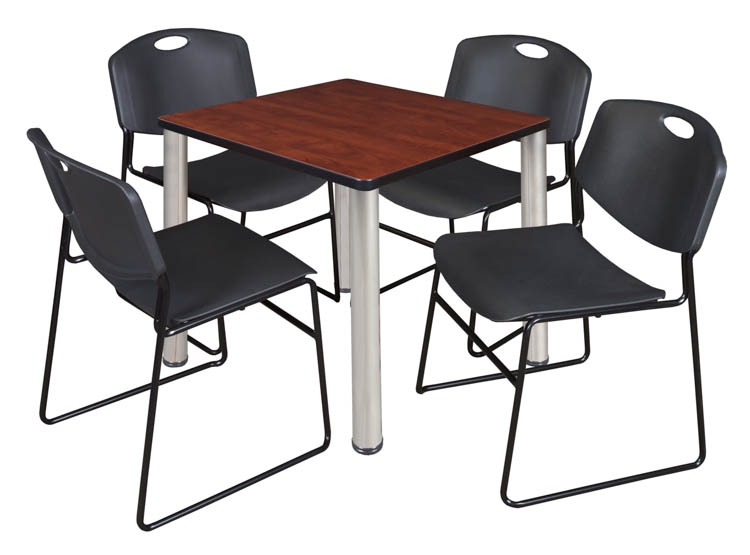 30" Square Breakroom Table- Cherry/ Chrome & 4 Zeng Stack Chairs by Regency Furniture