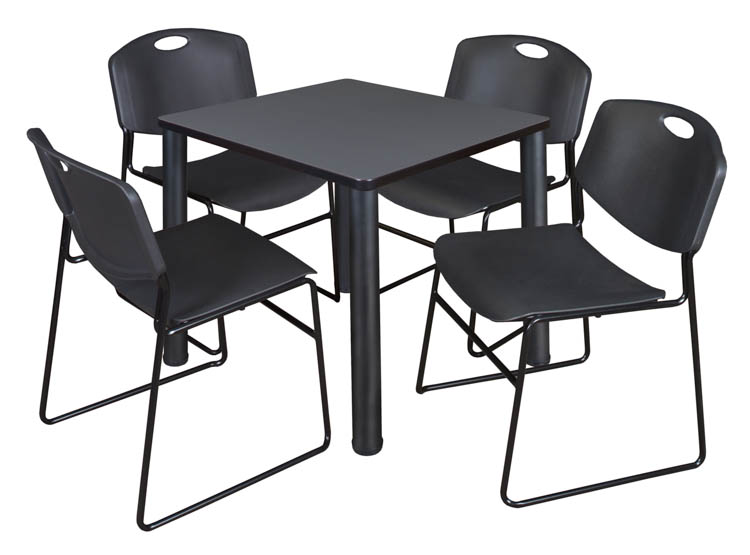 30" Square Breakroom Table- Gray/ Black & 4 Zeng Stack Chairs by Regency Furniture