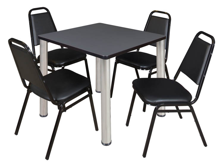 30" Square Breakroom Table- Gray/ Chrome & 4 Restaurant Stack Chairs- Black by Regency Furniture