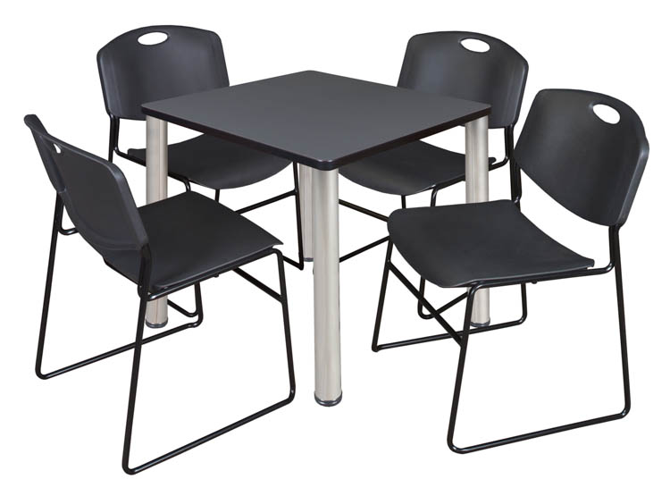 30" Square Breakroom Table- Gray/ Chrome & 4 Zeng Stack Chairs by Regency Furniture