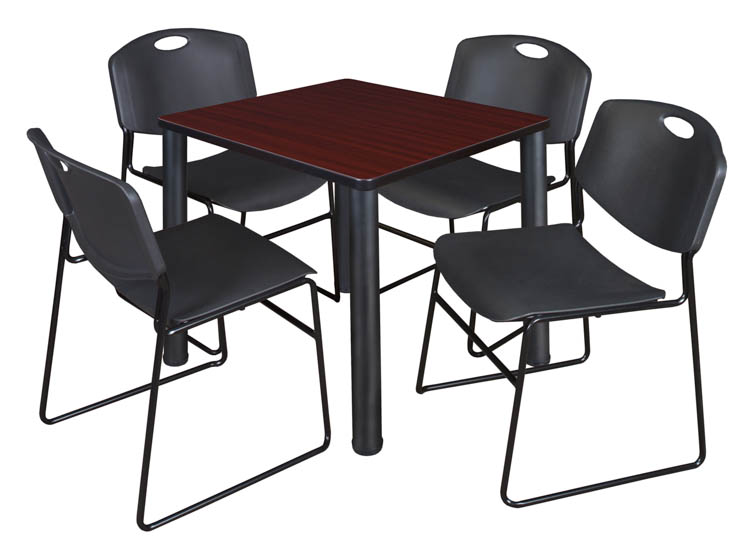 30" Square Breakroom Table- Mahogany/ Black & 4 Zeng Stack Chairs by Regency Furniture