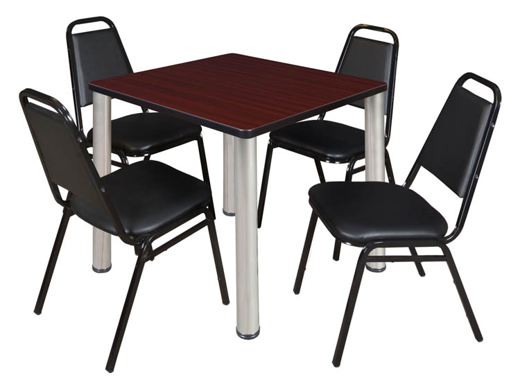 30" Square Breakroom Table- Mahogany/ Chrome & 4 Restaurant Stack Chairs- Black by Regency Furniture