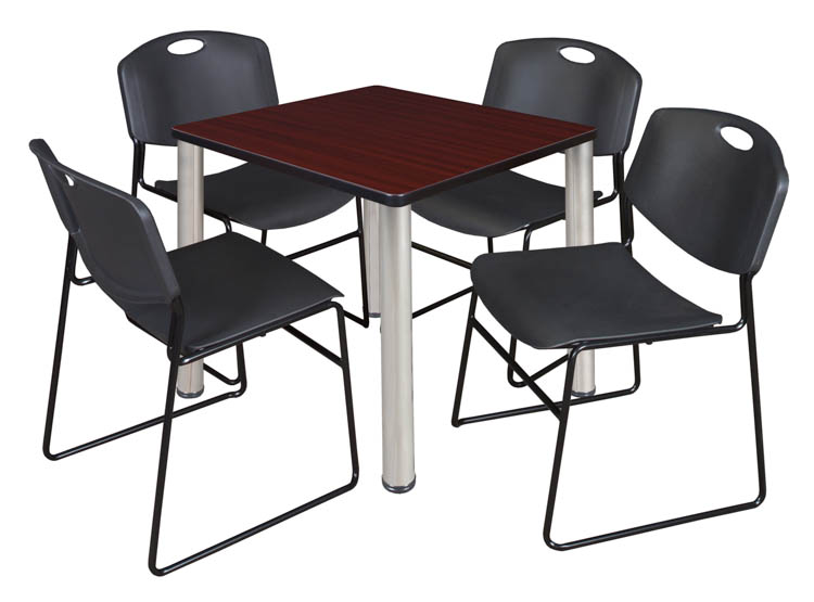 30" Square Breakroom Table- Mahogany/ Chrome & 4 Zeng Stack Chairs by Regency Furniture