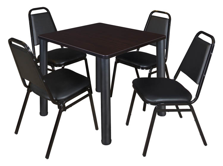 30" Square Breakroom Table- Mocha Walnut/ Black & 4 Restaurant Stack Chairs- Black by Regency Furniture