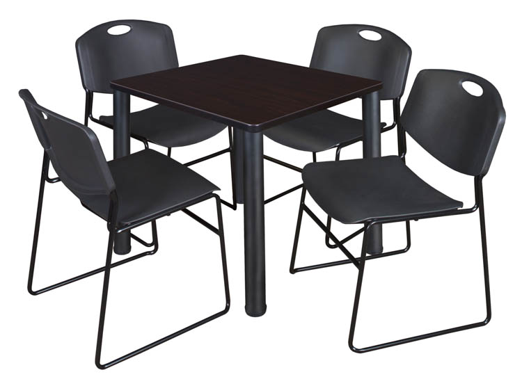 30" Square Breakroom Table- Mocha Walnut/ Black & 4 Zeng Stack Chairs by Regency Furniture