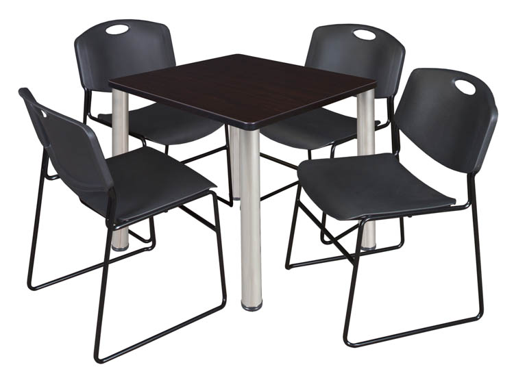 30" Square Breakroom Table- Mocha Walnut/ Chrome & 4 Zeng Stack Chairs by Regency Furniture