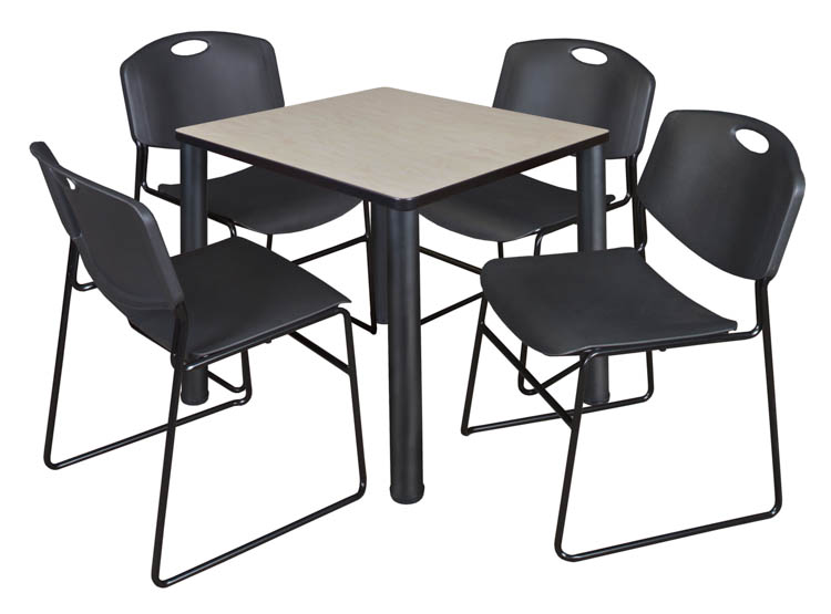 30" Square Breakroom Table- Maple/ Black & 4 Zeng Stack Chairs by Regency Furniture