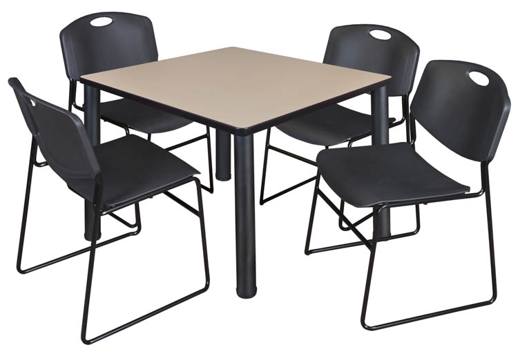 36" Square Breakroom Table- Beige/ Black & 4 Zeng Stack Chairs by Regency Furniture