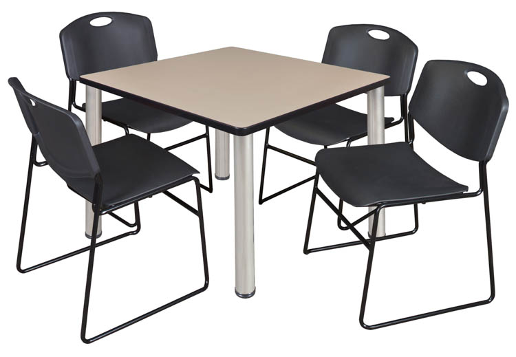 36" Square Breakroom Table- Beige/ Chrome & 4 Zeng Stack Chairs by Regency Furniture