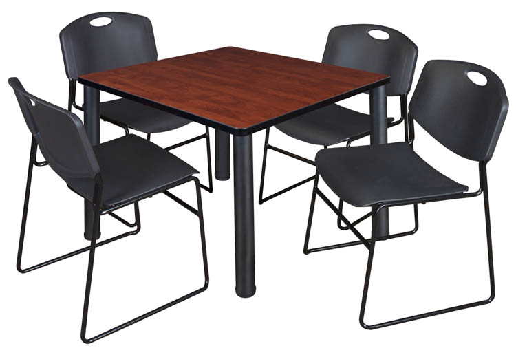 36" Square Breakroom Table- Cherry/ Black & 4 Zeng Stack Chairs by Regency Furniture