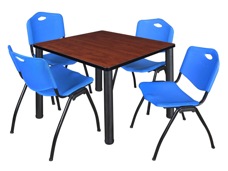 36" Square Breakroom Table- Cherry/ Black & 4 'M' Stack Chairs by Regency Furniture