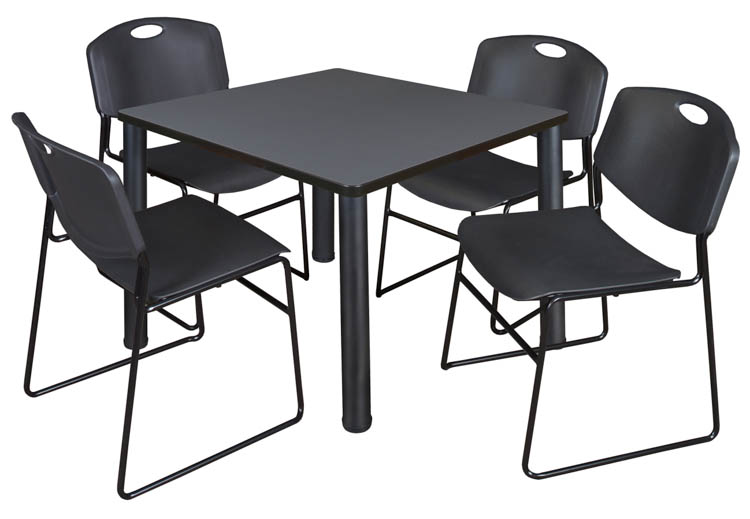 36" Square Breakroom Table- Gray/ Black & 4 Zeng Stack Chairs by Regency Furniture