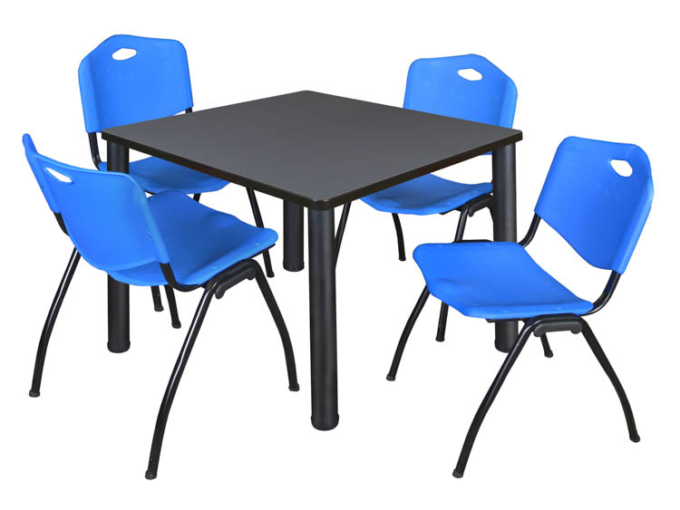 36" Square Breakroom Table- Gray/ Black & 4 'M' Stack Chairs by Regency Furniture