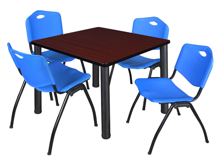 36" Square Breakroom Table- Mahogany/ Black & 4 'M' Stack Chairs by Regency Furniture