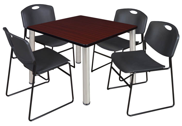 36" Square Breakroom Table- Mahogany/ Chrome & 4 Zeng Stack Chairs by Regency Furniture