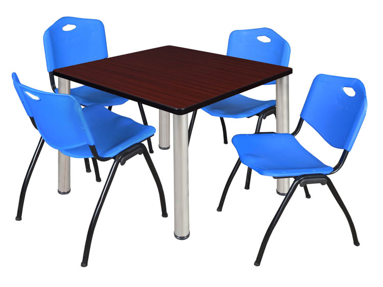 36" Square Breakroom Table- Mahogany/ Chrome & 4 'M' Stack Chairs by Regency Furniture