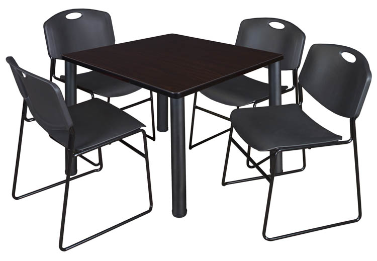 36" Square Breakroom Table- Mocha Walnut/ Black & 4 Zeng Stack Chairs by Regency Furniture