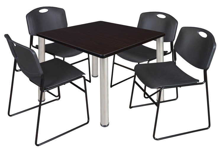 36" Square Breakroom Table- Mocha Walnut/ Chrome & 4 Zeng Stack Chairs by Regency Furniture