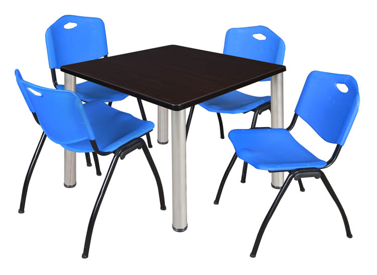 36" Square Breakroom Table- Mocha Walnut/ Chrome & 4 'M' Stack Chairs by Regency Furniture