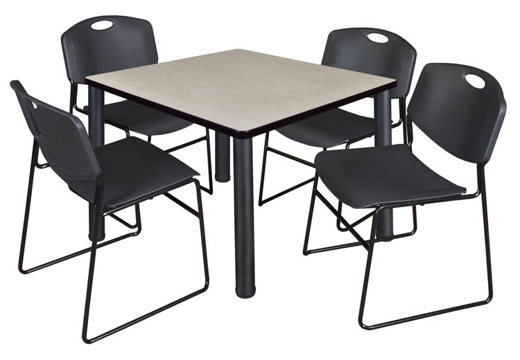 36" Square Breakroom Table- Maple/ Black & 4 Zeng Stack Chairs by Regency Furniture