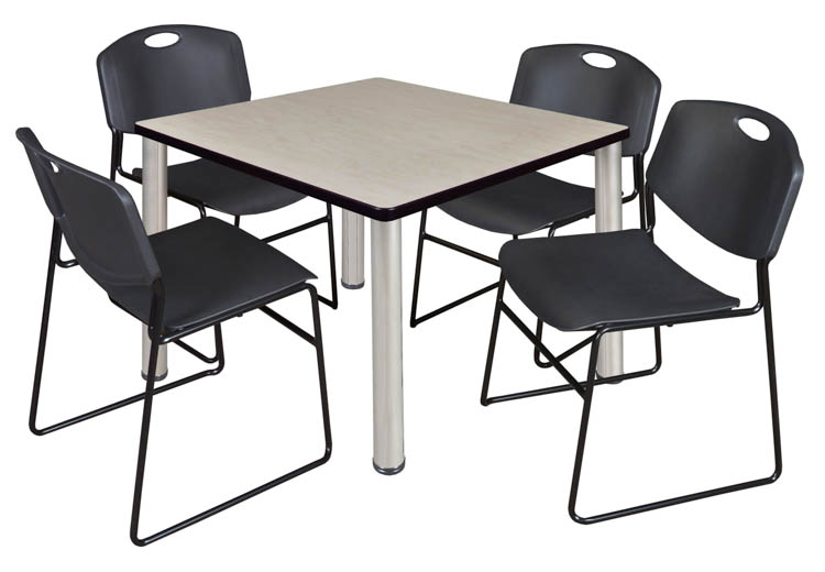 36" Square Breakroom Table- Maple/ Chrome & 4 Zeng Stack Chairs by Regency Furniture