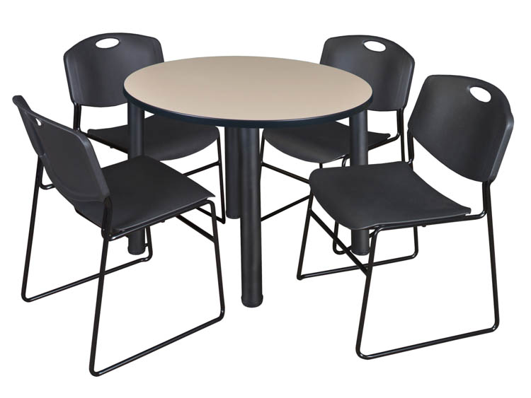 36" Round Breakroom Table- Beige/ Black & 4 Zeng Stack Chairs by Regency Furniture