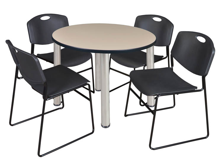 36" Round Breakroom Table- Beige/ Chrome & 4 Zeng Stack Chairs by Regency Furniture