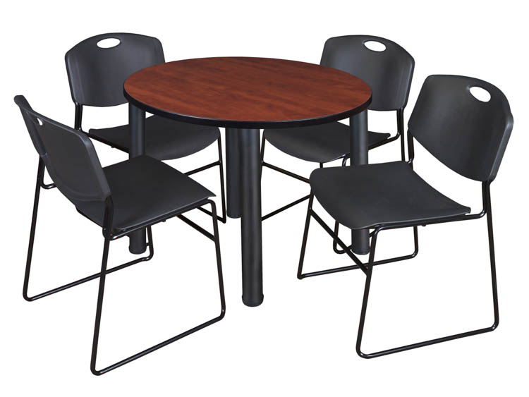 36" Round Breakroom Table- Cherry/ Black & 4 Zeng Stack Chairs by Regency Furniture