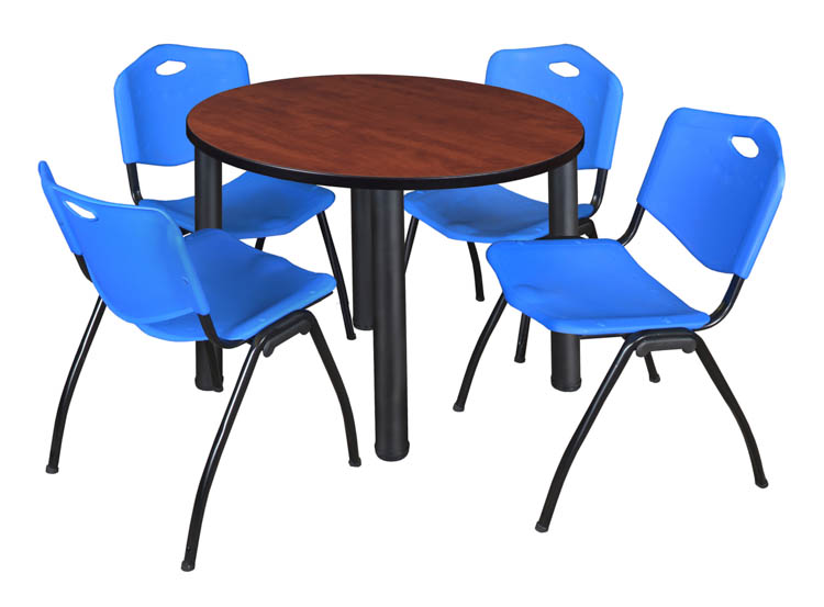 36" Round Breakroom Table- Cherry/ Black & 4 'M' Stack Chairs by Regency Furniture