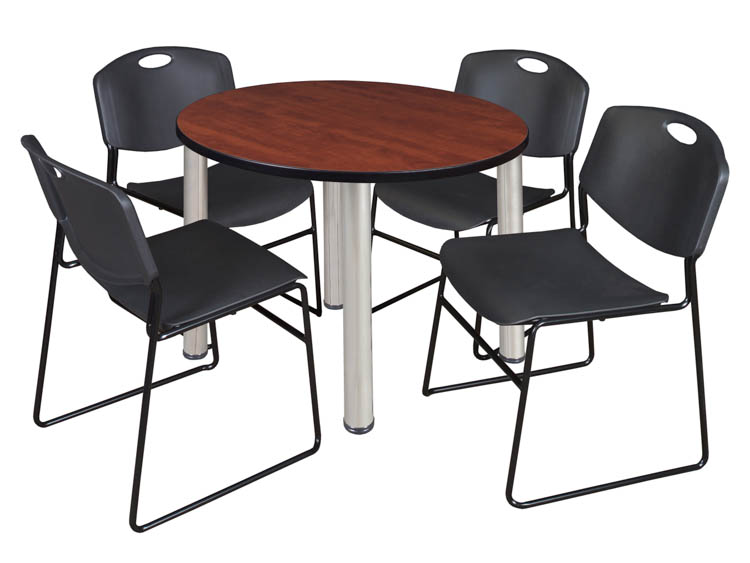 36" Round Breakroom Table- Cherry/ Chrome & 4 Zeng Stack Chairs by Regency Furniture