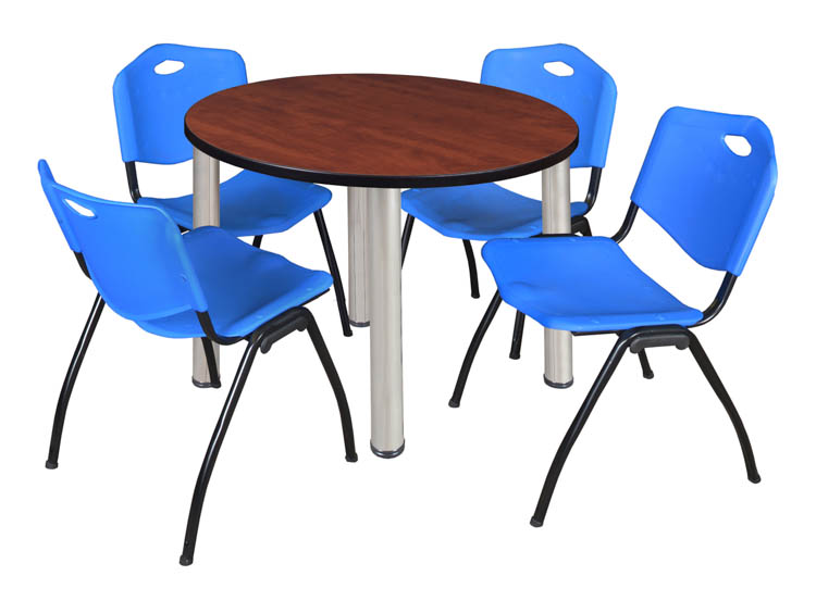 36" Round Breakroom Table- Cherry/ Chrome & 4 'M' Stack Chairs by Regency Furniture