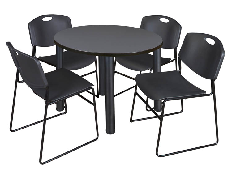 36" Round Breakroom Table- Gray/ Black & 4 Zeng Stack Chairs by Regency Furniture