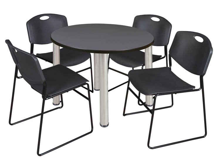 36" Round Breakroom Table- Gray/ Chrome & 4 Zeng Stack Chairs by Regency Furniture