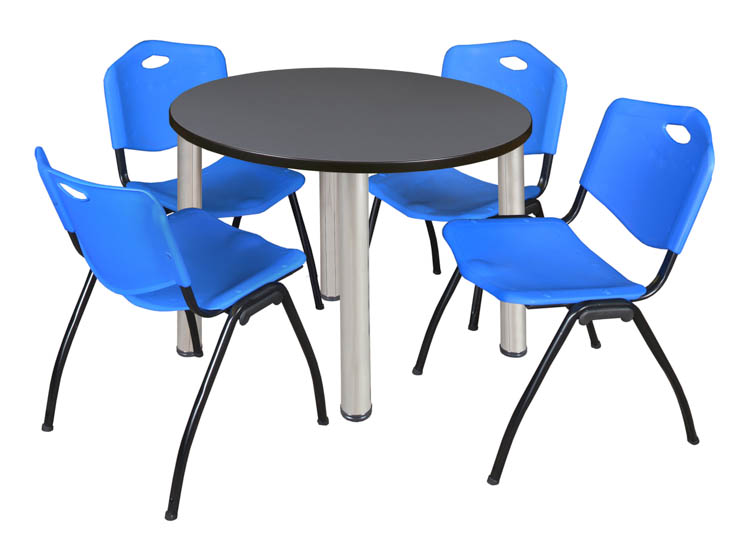 36" Round Breakroom Table- Gray/ Chrome & 4 'M' Stack Chairs by Regency Furniture