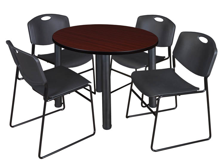 36" Round Breakroom Table- Mahogany/ Black & 4 Zeng Stack Chairs by Regency Furniture