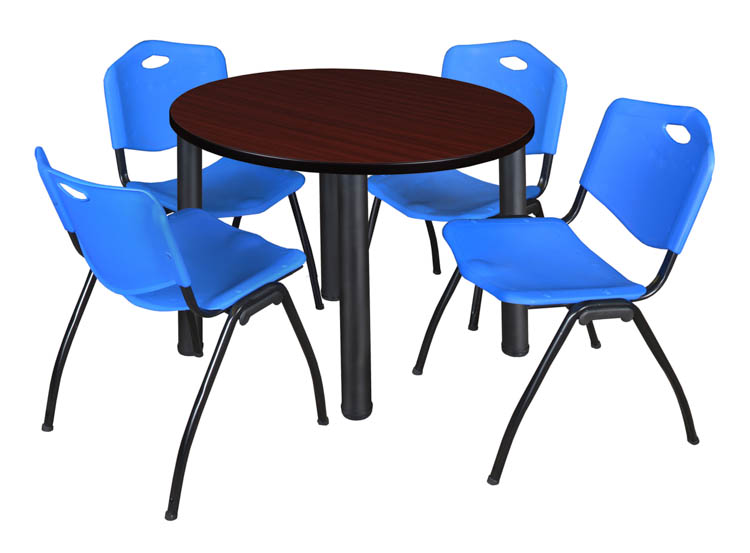 36" Round Breakroom Table- Mahogany/ Black & 4 'M' Stack Chairs by Regency Furniture