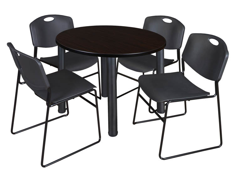 36" Round Breakroom Table- Mocha Walnut/ Black & 4 Zeng Stack Chairs by Regency Furniture