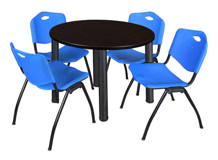 36" Round Breakroom Table- Mocha Walnut/ Black & 4 'M' Stack Chairs by Regency Furniture