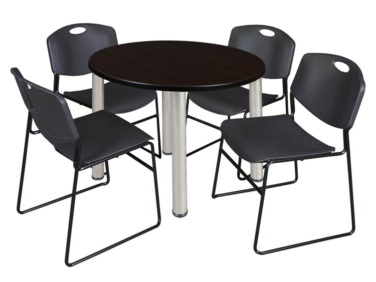 36" Round Breakroom Table- Mocha Walnut/ Chrome & 4 Zeng Stack Chairs by Regency Furniture