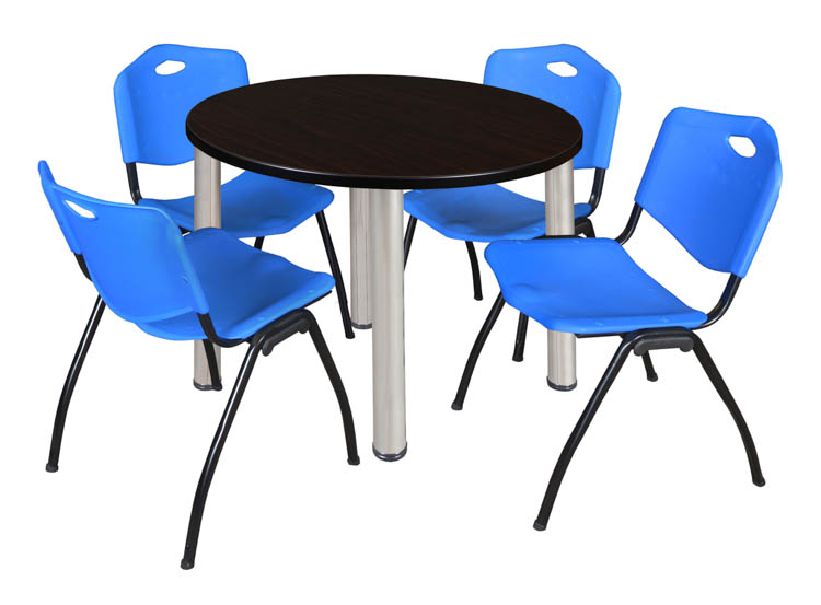 36" Round Breakroom Table- Mocha Walnut/ Chrome & 4 'M' Stack Chairs by Regency Furniture