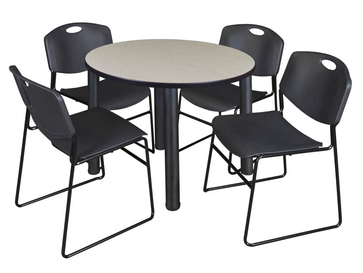 36" Round Breakroom Table- Maple/ Black & 4 Zeng Stack Chairs by Regency Furniture