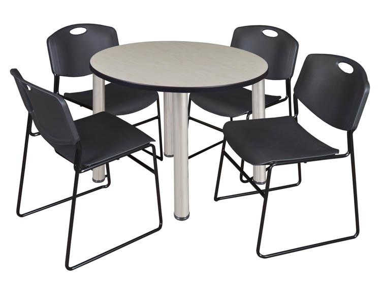 36" Round Breakroom Table- Maple/ Chrome & 4 Zeng Stack Chairs by Regency Furniture