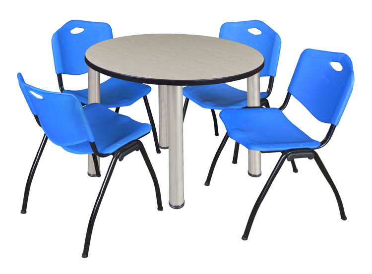 36" Round Breakroom Table- Maple/ Chrome & 4 'M' Stack Chairs by Regency Furniture