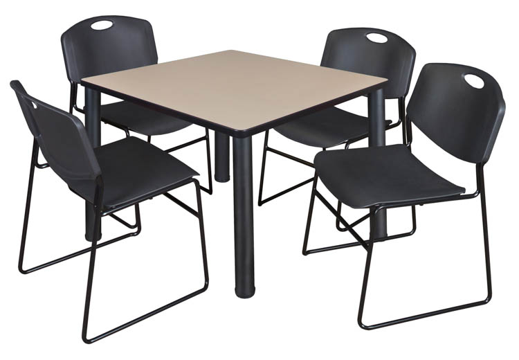 42" Square Breakroom Table- Beige/ Black & 4 Zeng Stack Chairs by Regency Furniture