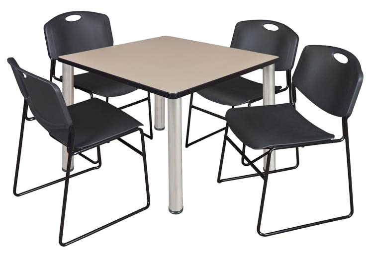 42" Square Breakroom Table- Beige/ Chrome & 4 Zeng Stack Chairs by Regency Furniture