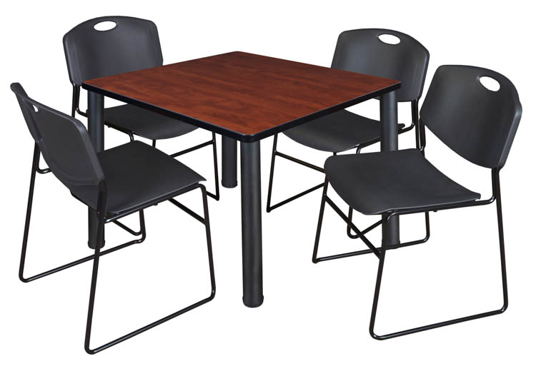 42" Square Breakroom Table- Cherry/ Black & 4 Zeng Stack Chairs by Regency Furniture