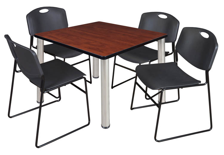 42" Square Breakroom Table- Cherry/ Chrome & 4 Zeng Stack Chairs by Regency Furniture