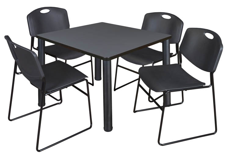 42" Square Breakroom Table- Gray/ Black & 4 Zeng Stack Chairs by Regency Furniture