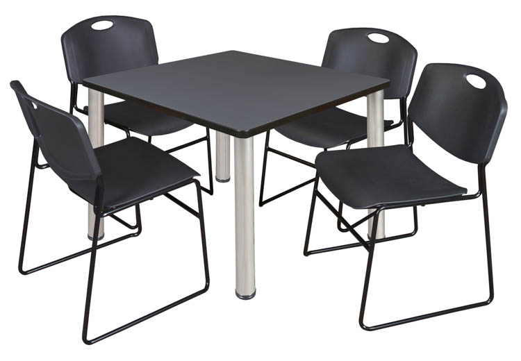 42" Square Breakroom Table- Gray/ Chrome & 4 Zeng Stack Chairs by Regency Furniture